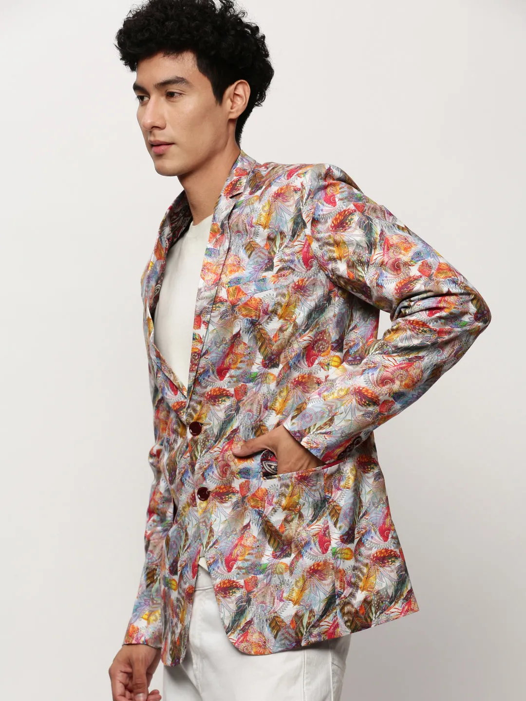Men's Multi Printed Slim-Fit Cotton Single Breasted Blazer All Seasons Transitional Look