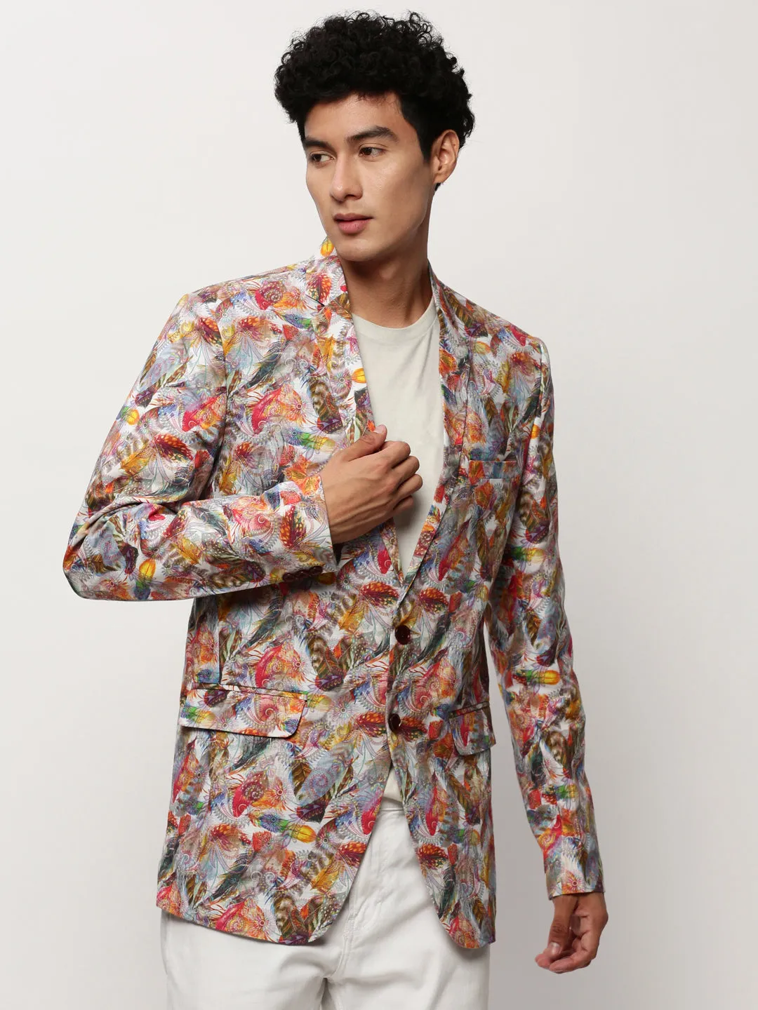 Lightweight Polyester Blend Men's Multi Printed Slim-Fit Cotton Single Breasted Blazer