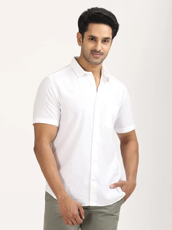 Men Solid Half Sleeve Cotton Stretch Shirt Casual Sophistication