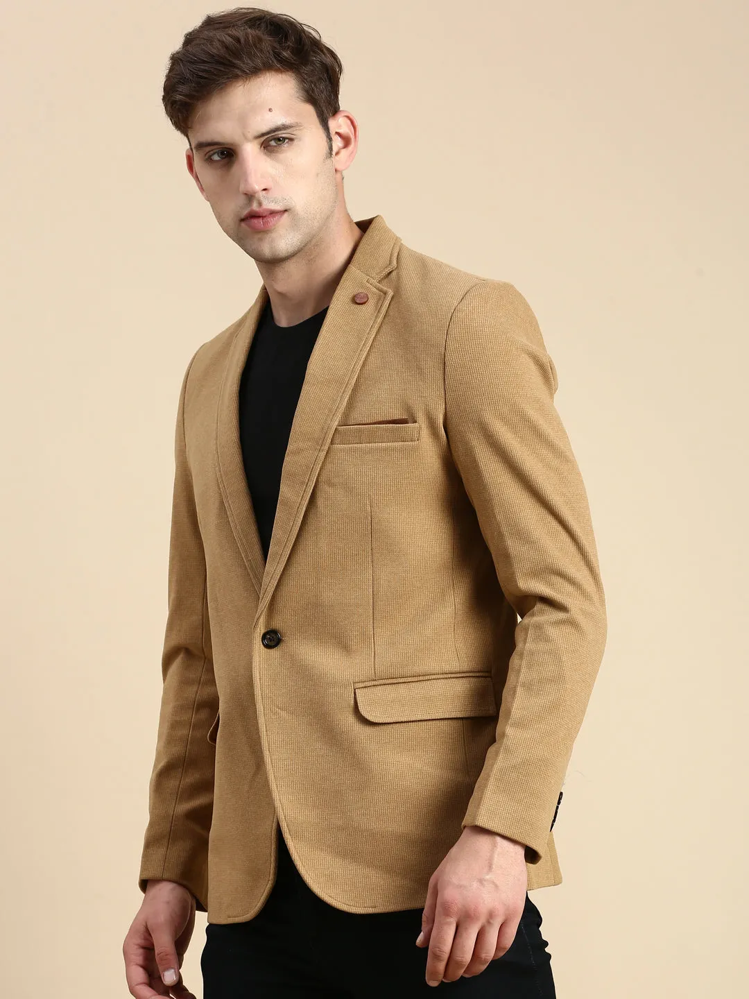 Hidden Ventilation Zones Men's Khaki Slim-Fit Single Breasted Blazer