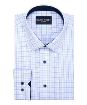 Navy Poplin Plaid SC With Contrast Trim Non-Iron Dress Shirt Two Tone Stitching
