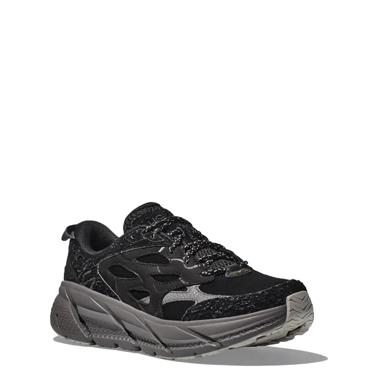 Fashion Glow Hoka Elite Terrain System Clifton L Suede Trainer Black / Satellite Grey