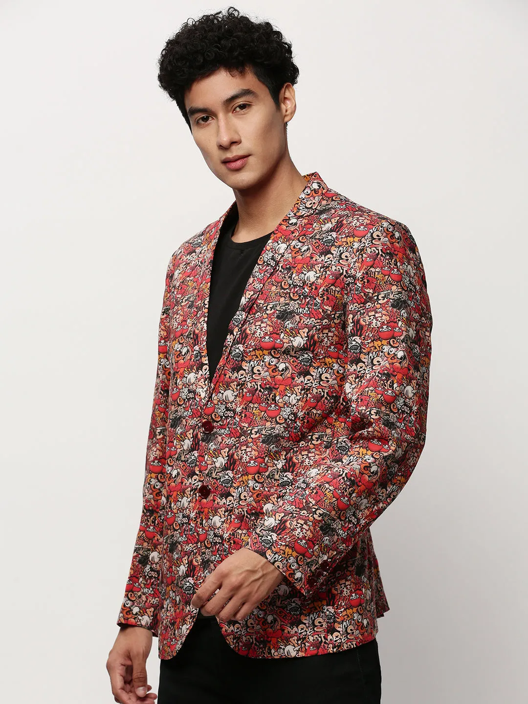 Long Length Heat Guard Men's Rust Abstract Printed Slim-Fit Single Breasted Cotton Blazer