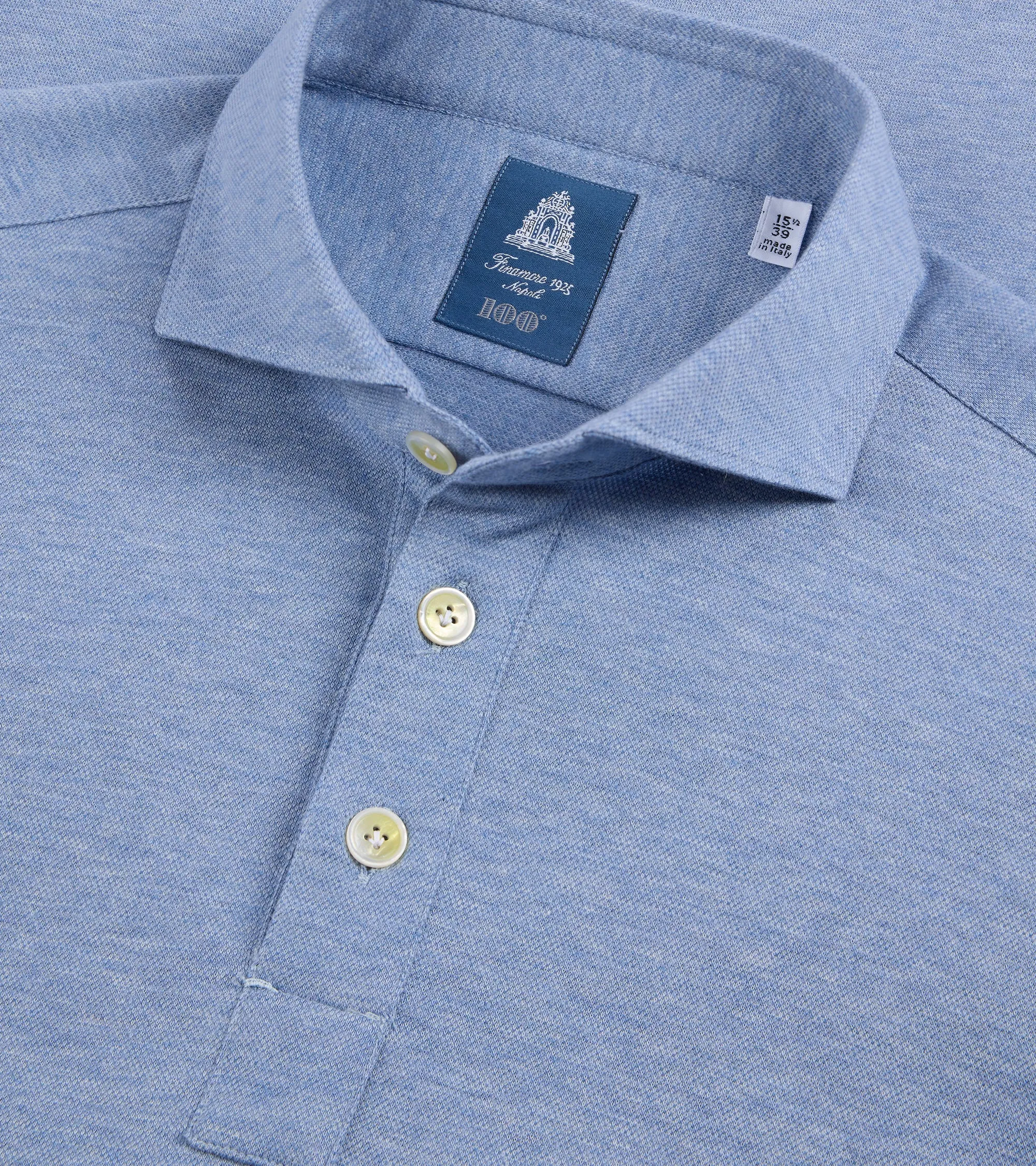 Finamore Orlando Cotton Cashmere Polo Shirt: Blue Clean Edge Trim Distressed finish