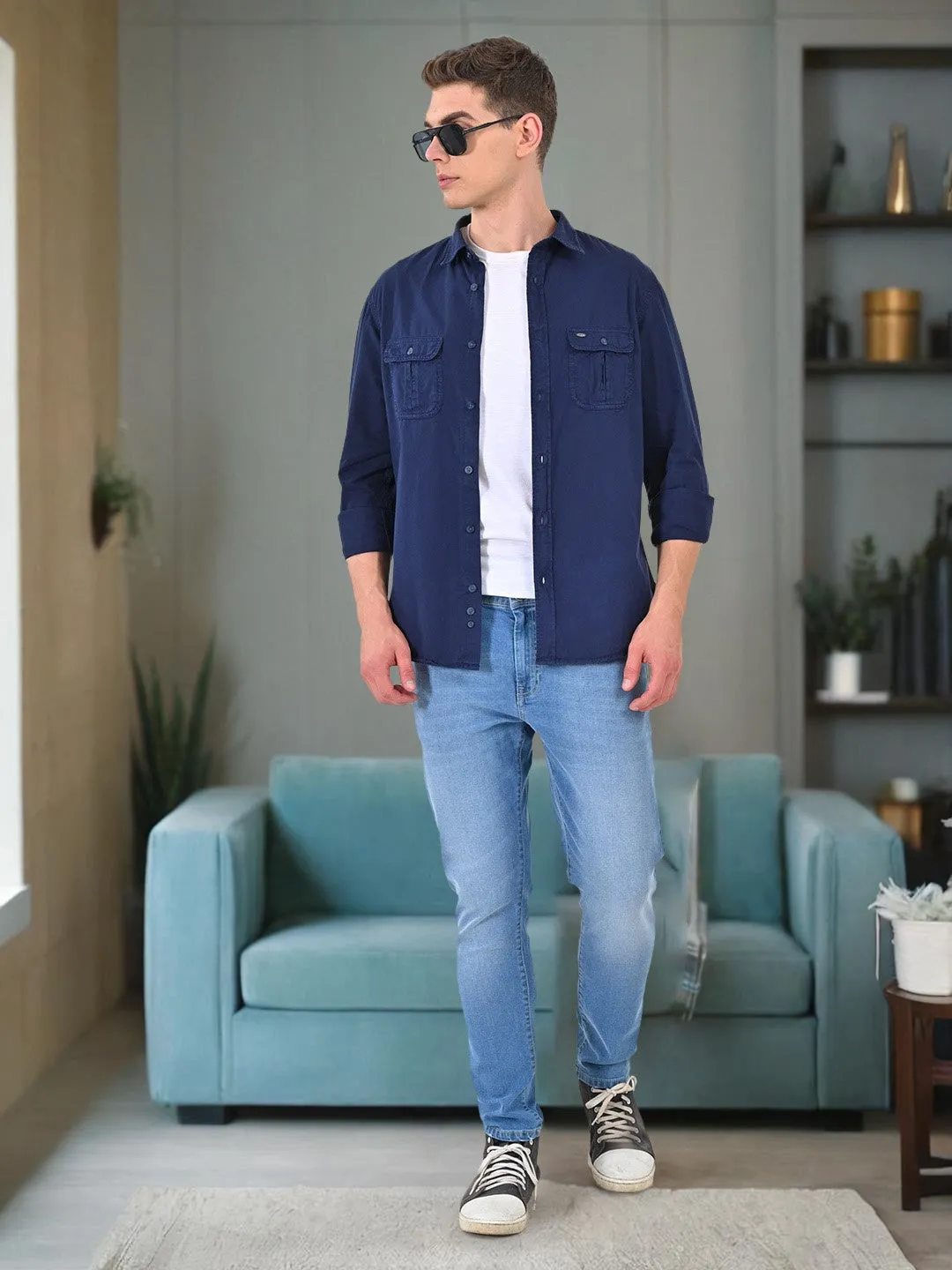 Men Solid Full Sleeve Cotton Shirt Durable Buttons Long Sleeve