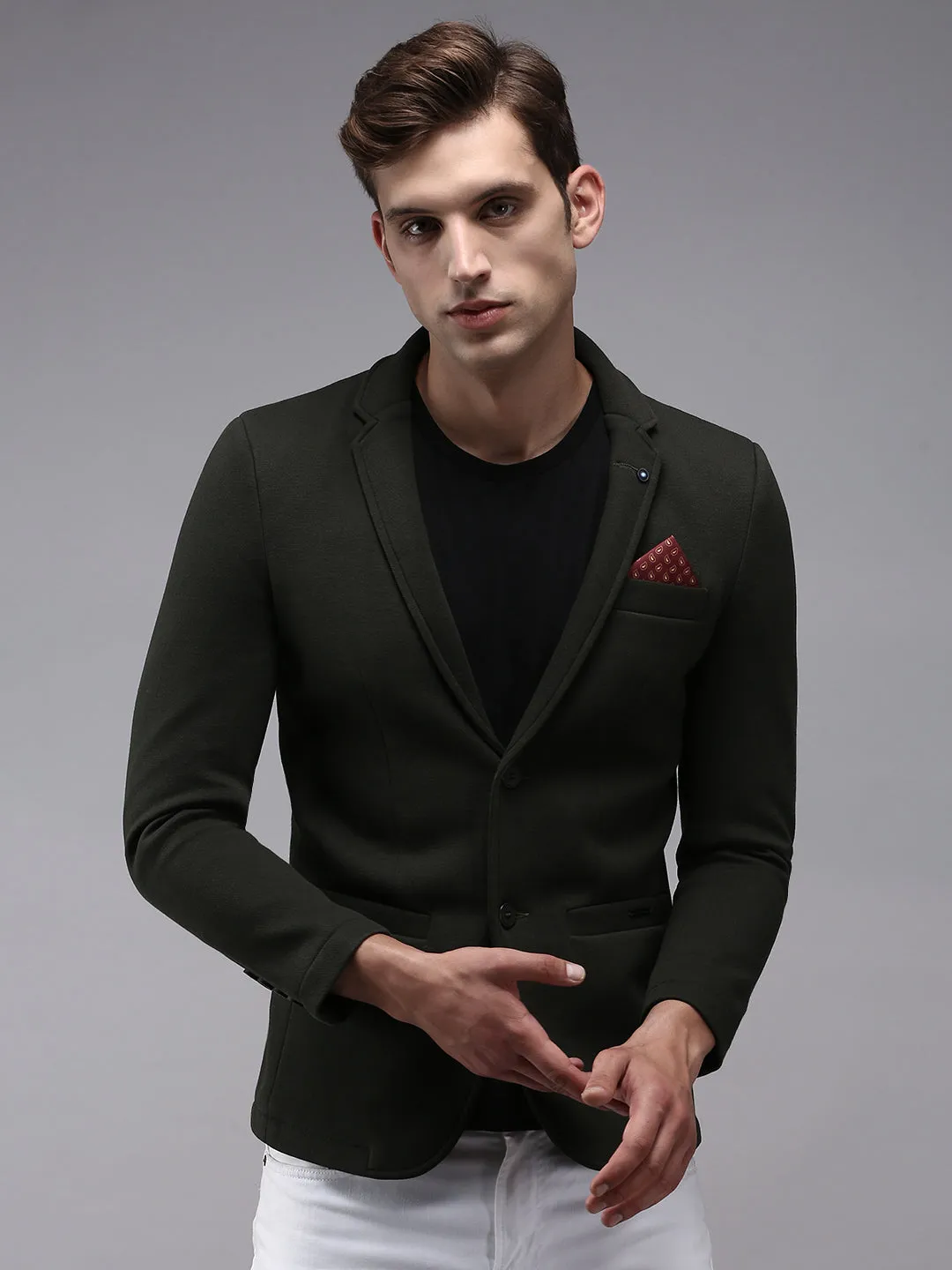 Men's Olive Solid Single Breasted Blazers DualLayer Weave