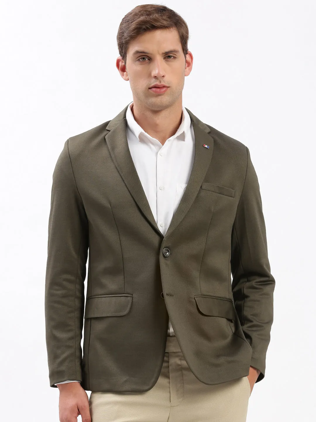 Men's Olive Slim-Fit Notched Lapel Collar Single-Breasted Blazer Bonded Closure Mechanism Soft Layers