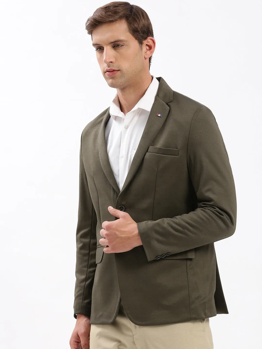 Men's Olive Slim-Fit Notched Lapel Collar Single-Breasted Blazer Low Bulk High Warmth