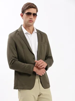 Men's Olive Slim-Fit Notched Lapel Collar Single-Breasted Blazer RubberizedTrim Windbreaker Style