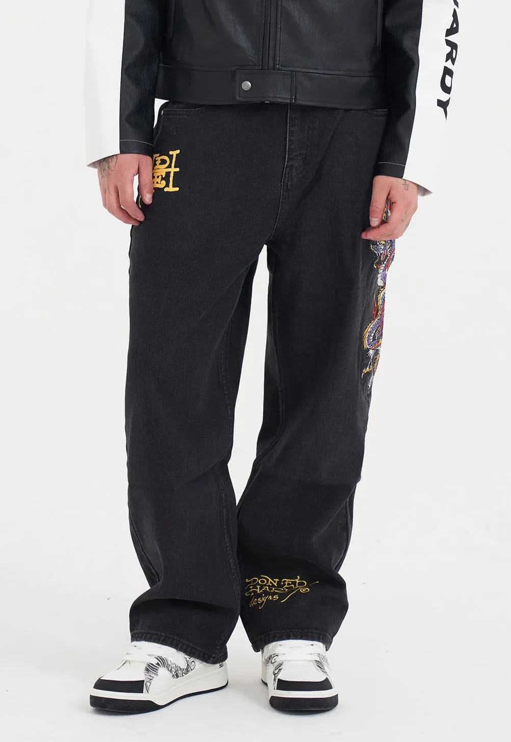 Mens Battle-Dragon Tattoo Denim Trousers Baggy Jeans - Black Trend Friendly No Gap Waist Design