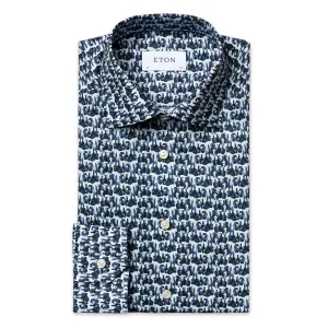 high-low hem Job Interview Eton - Slim Fit Glass Print Shirt in Navy
