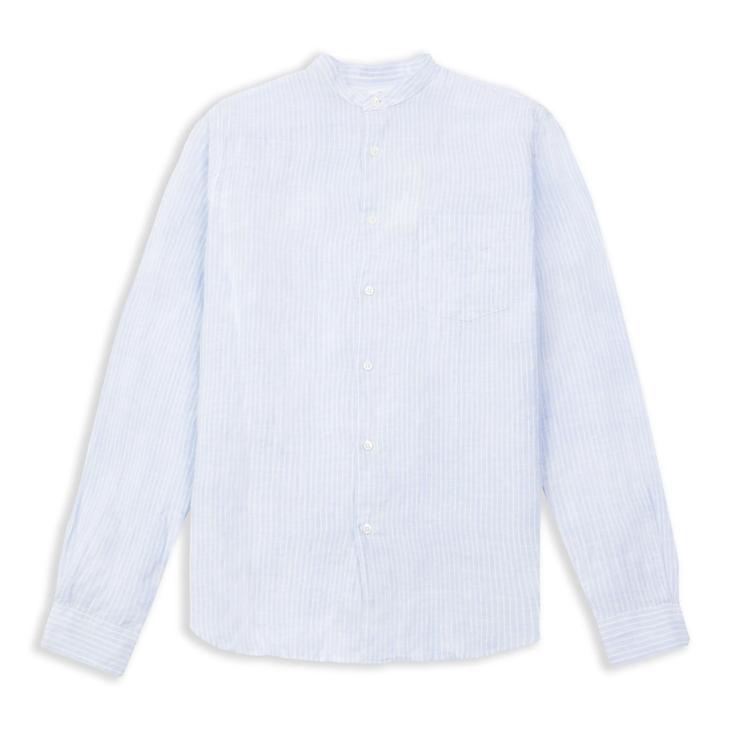 Street Comfort Minimalist Aesthetic Premium Grandad Collar Linen Shirt - Blue & White
