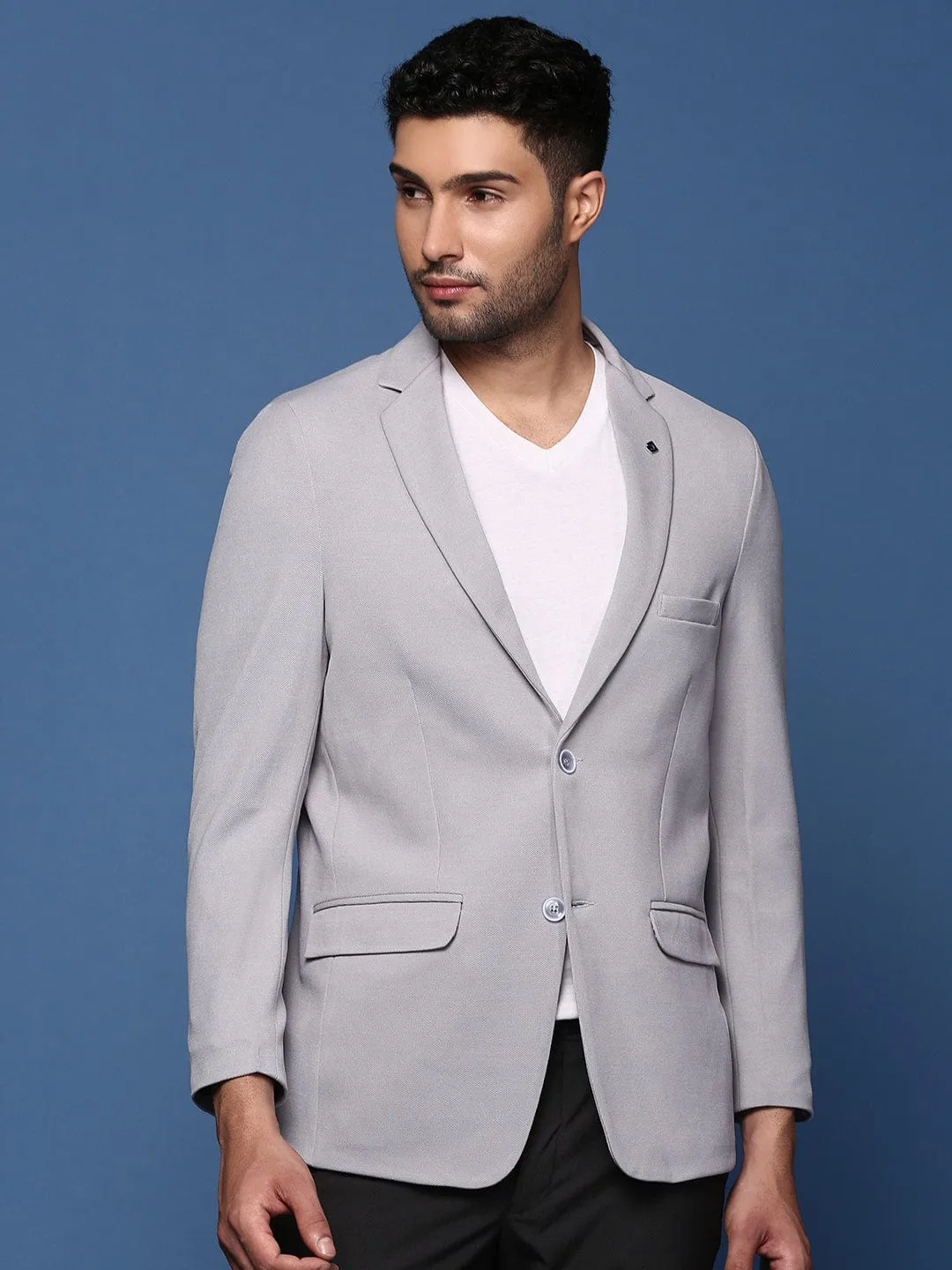 Reinforced Elbows Adjustable Hemline Men's Grey Single Breasted Slim Fit Casual Blazer