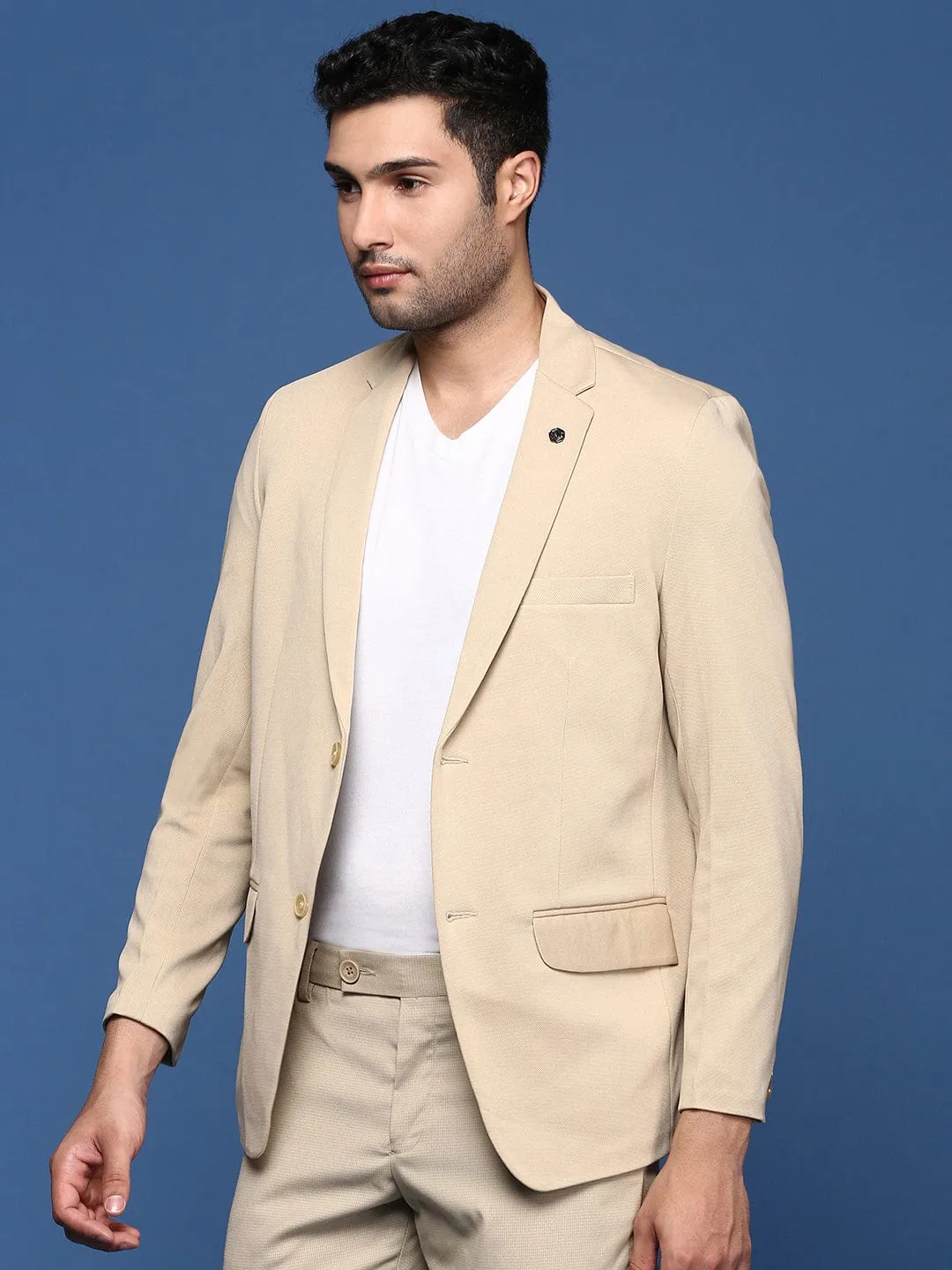 Men's Beige Slim Fit Single Breasted Cotton Blazer Affordable Fashion