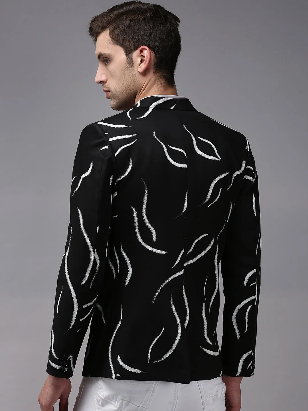 Men's Black Printed Single Breasted Blazers Durable Corrosion Resistant Zippers Modern Street