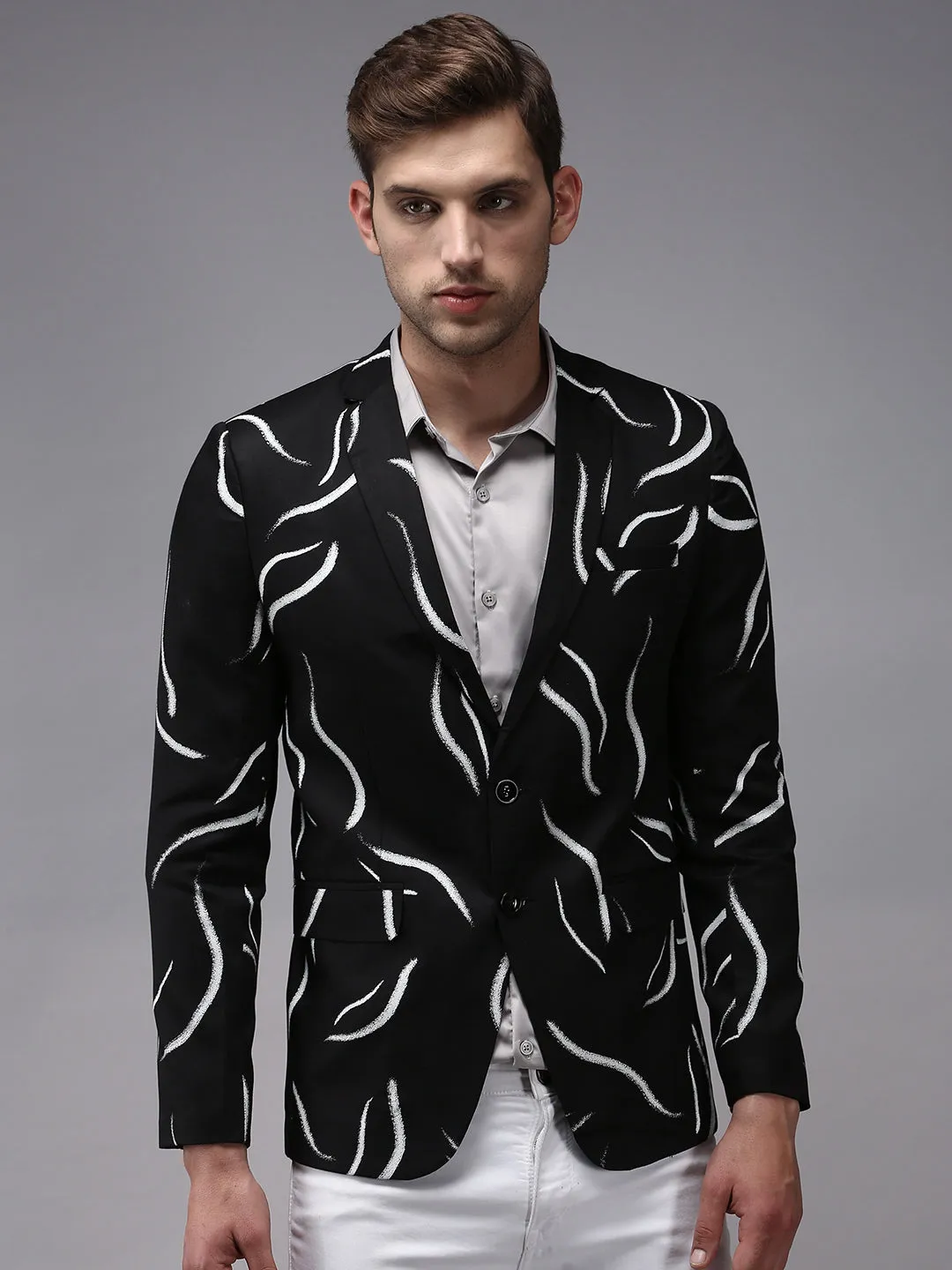 Secure Chest Pocket Men's Black Printed Single Breasted Blazers