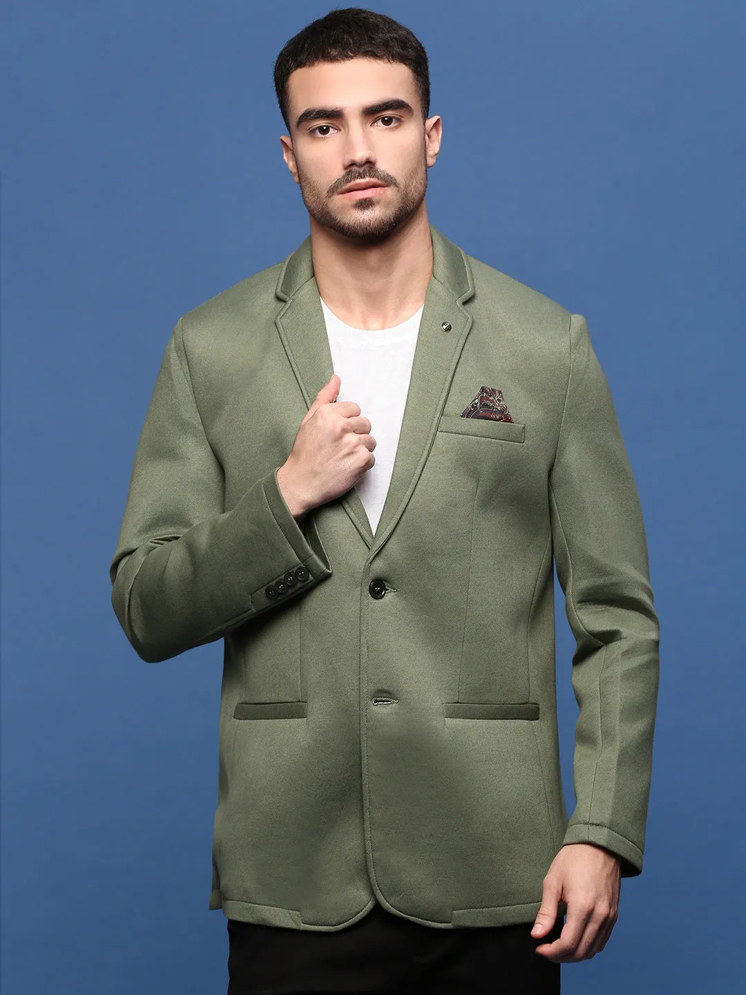 High Neck Men's Green Slim Fit Single Breasted Casual Blazers