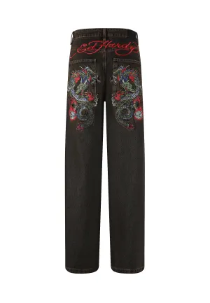 Weekend Warrior Festival Outfit Smooth No Iron Wear Mens Fireball Dragon Dirty Wash Denim Trousers Jeans - Brown