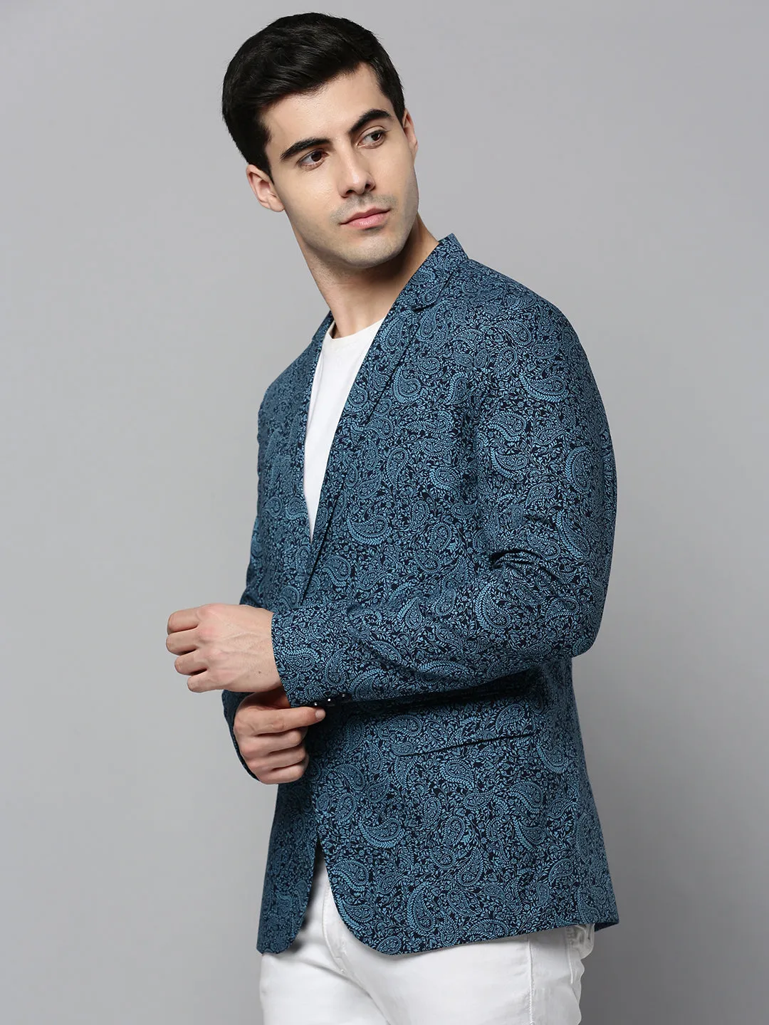 Light Activated Cooling Low Maintenance Fabric Men's Black Paisley Printed Slim-Fit Single Breasted Blazer