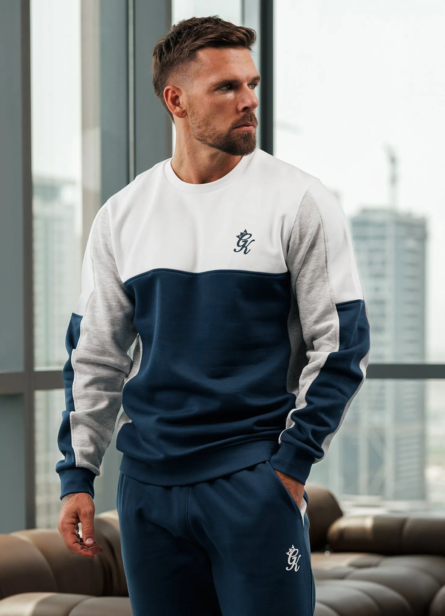 Soft Fabric Tailored Fit Gym King Contrast Panel Crew - Moonlight Blue/Snow Marl