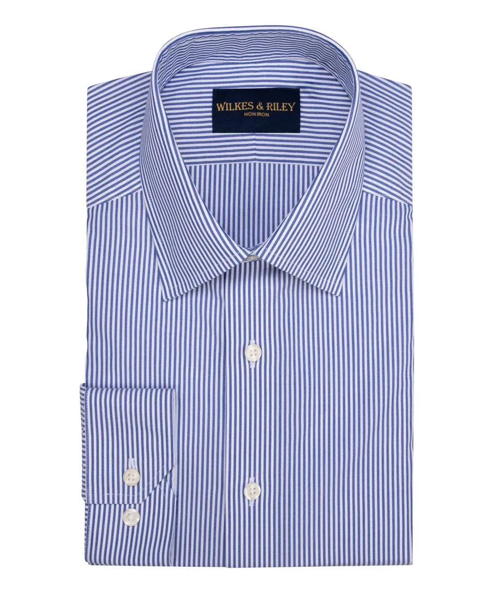 Blue Bengal Stripe Spread Collar Non-Iron broadcloth Dress Shirt Non Restrictive Armhole