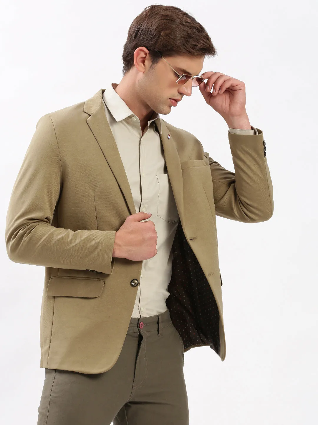 Heavyweight Durability Men's Notched Lapel Solid Khaki Blazer