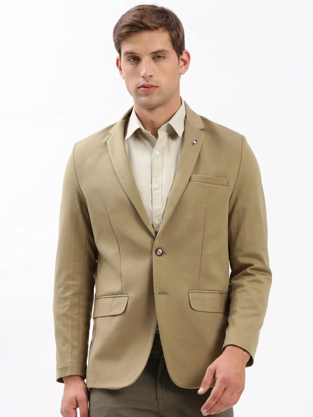 ReflectiveDetails NonRestrictive Movement Design Men's Notched Lapel Solid Khaki Blazer