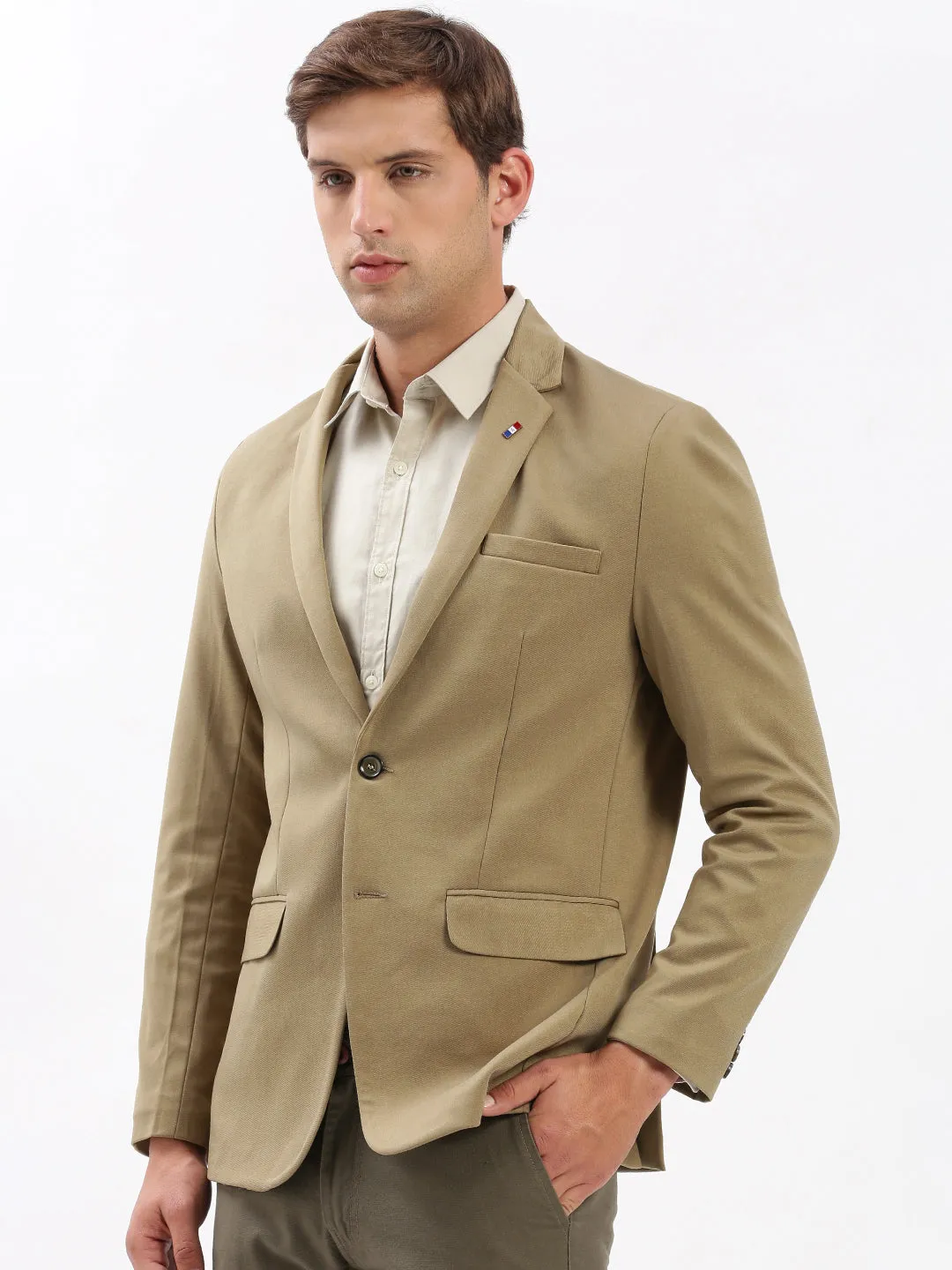 Men's Notched Lapel Solid Khaki Blazer Stretch Material