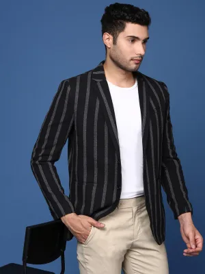 Good Material Men's Black Striped Single Breasted Slim Fit Blazer
