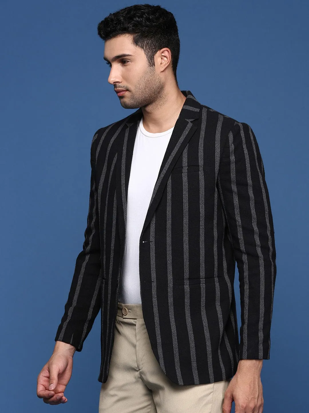ConvertibleCollar Men's Black Striped Single Breasted Slim Fit Blazer