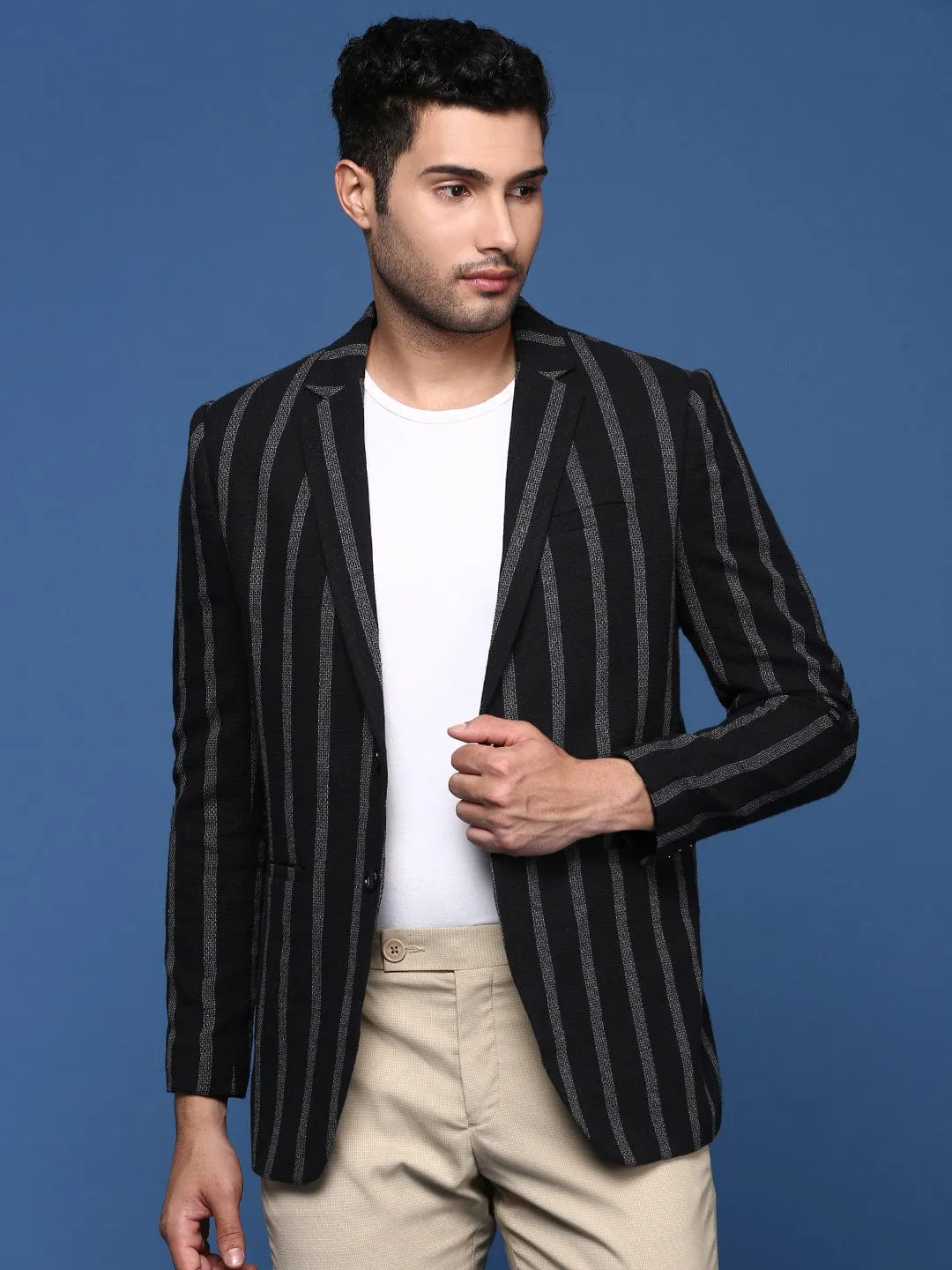 SiliconeGrip Elasticated Waistband Men's Black Striped Single Breasted Slim Fit Blazer
