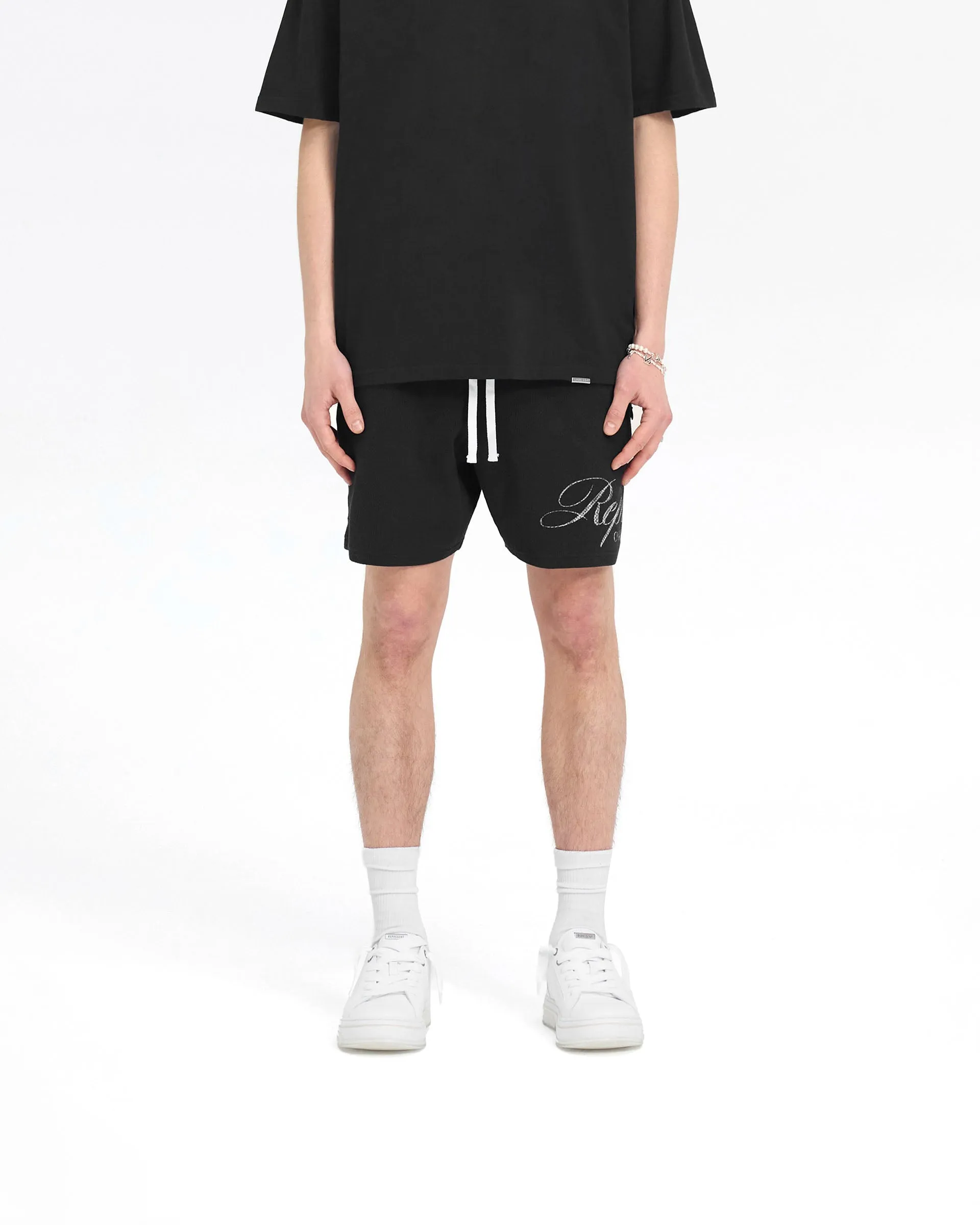 Comfortable Motion Represent Owners Club Script Mesh Shorts - Black