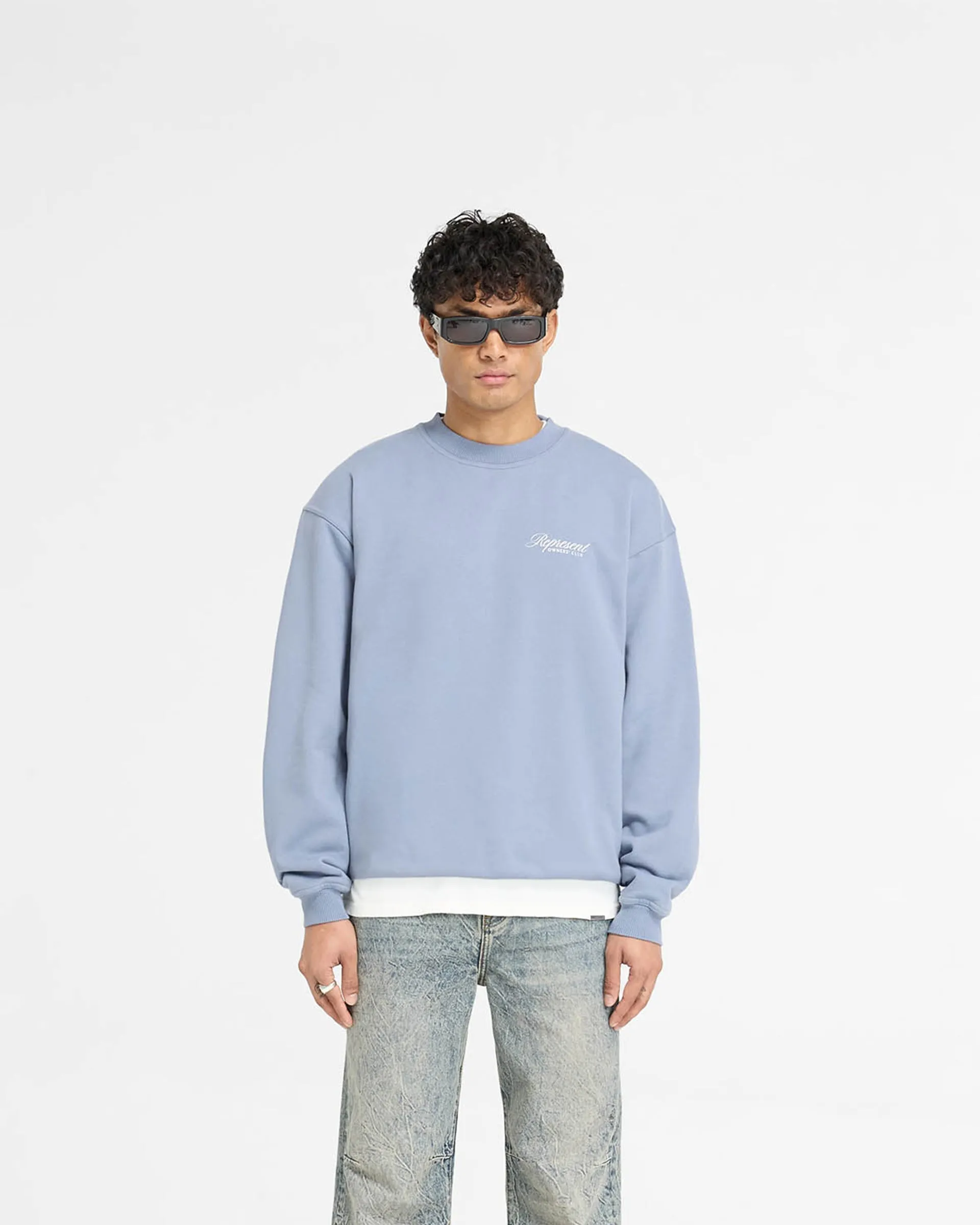 Represent Owners Club Script Sweater - Dusty Blue Youthful Vibe Metallic colors