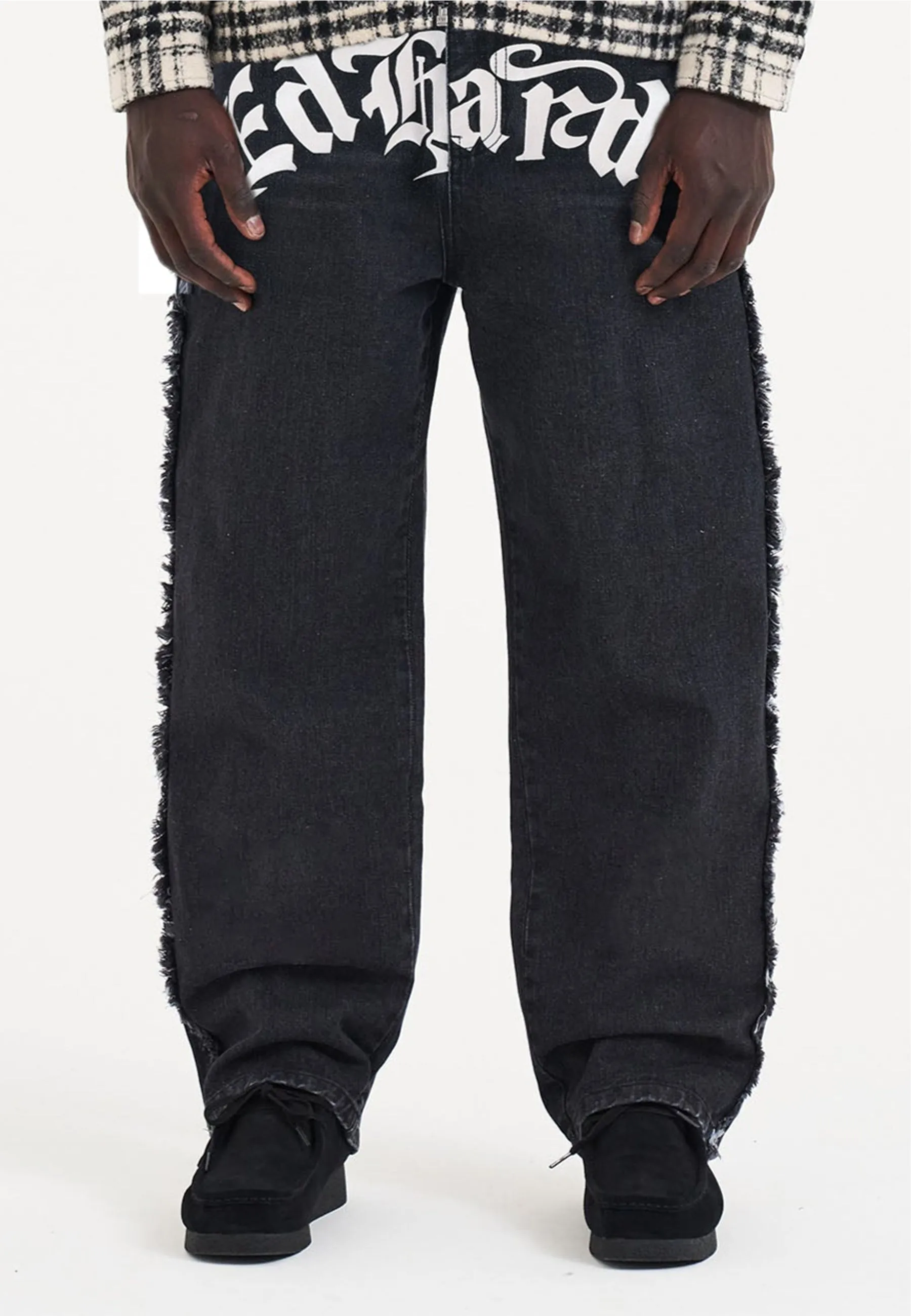 Mens Gothic Frayed Panel Denim Trousers Jeans - Black Flexible Fit Stay Stylish