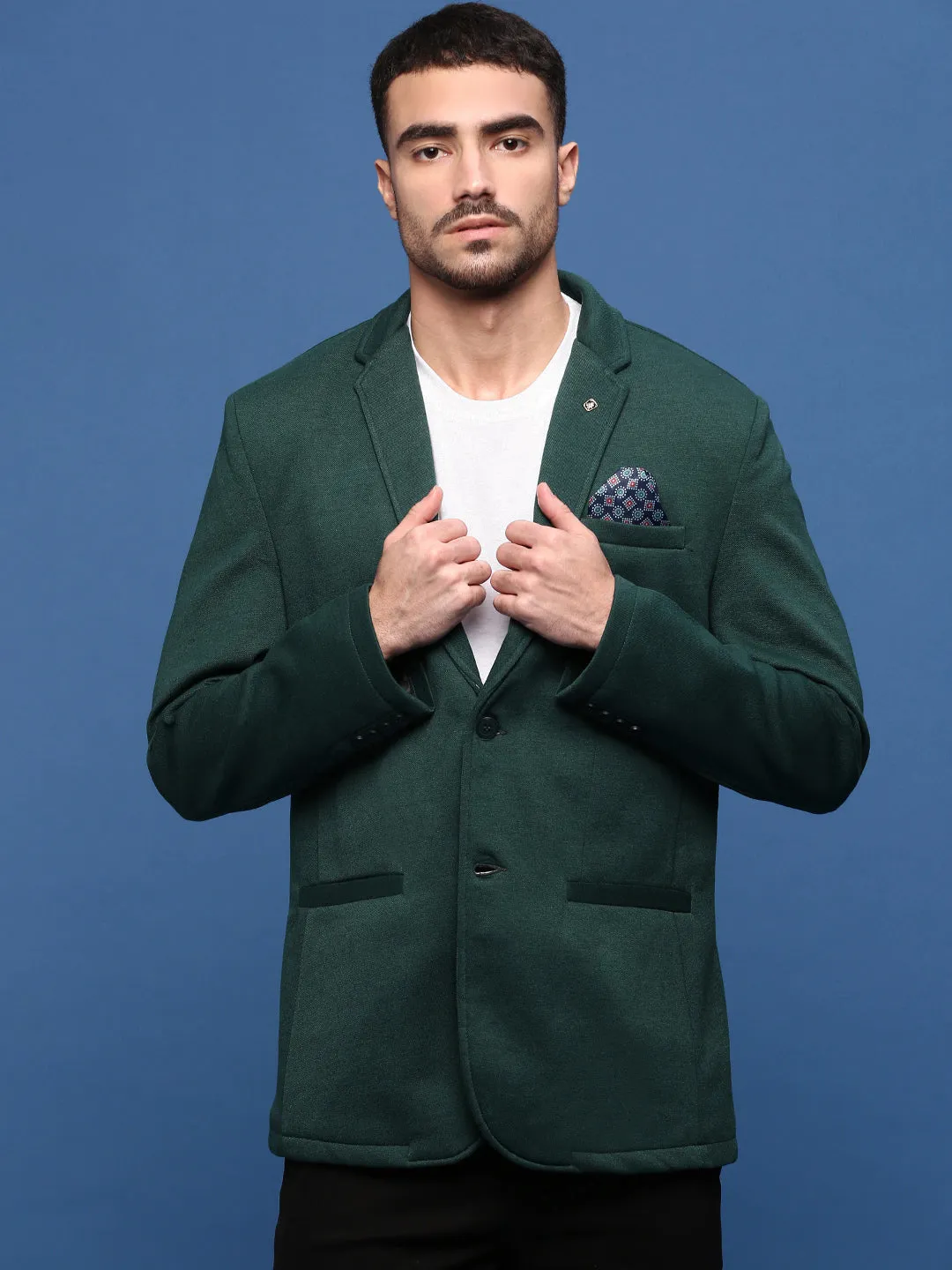 Snag Free Knit Reinforced Shoulders Men's Green Slim Fit Single Breasted Notched Lapel Cotton Blazers