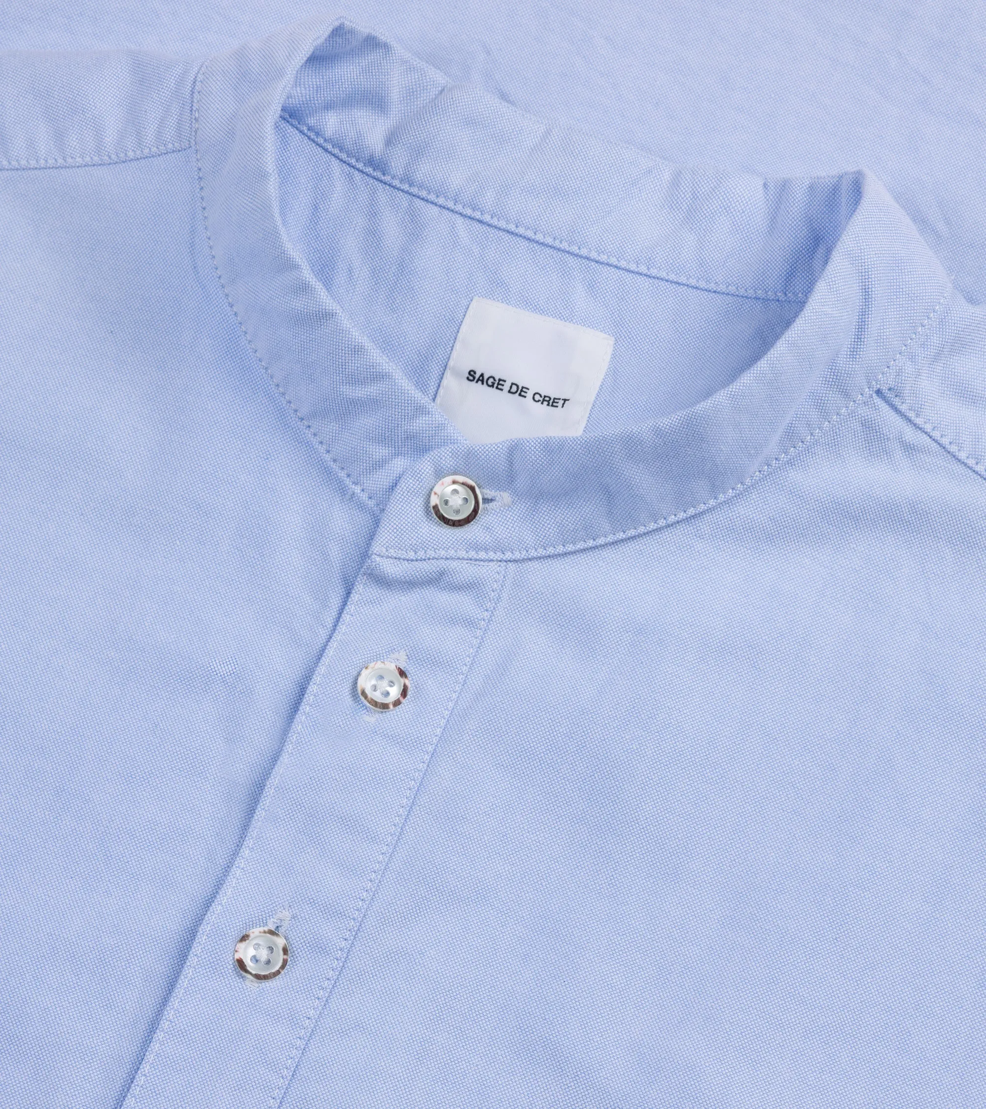 Sage de Cret Cotton Oxford Stand Collar Popover Shirt: Blue Team Building Edgy style