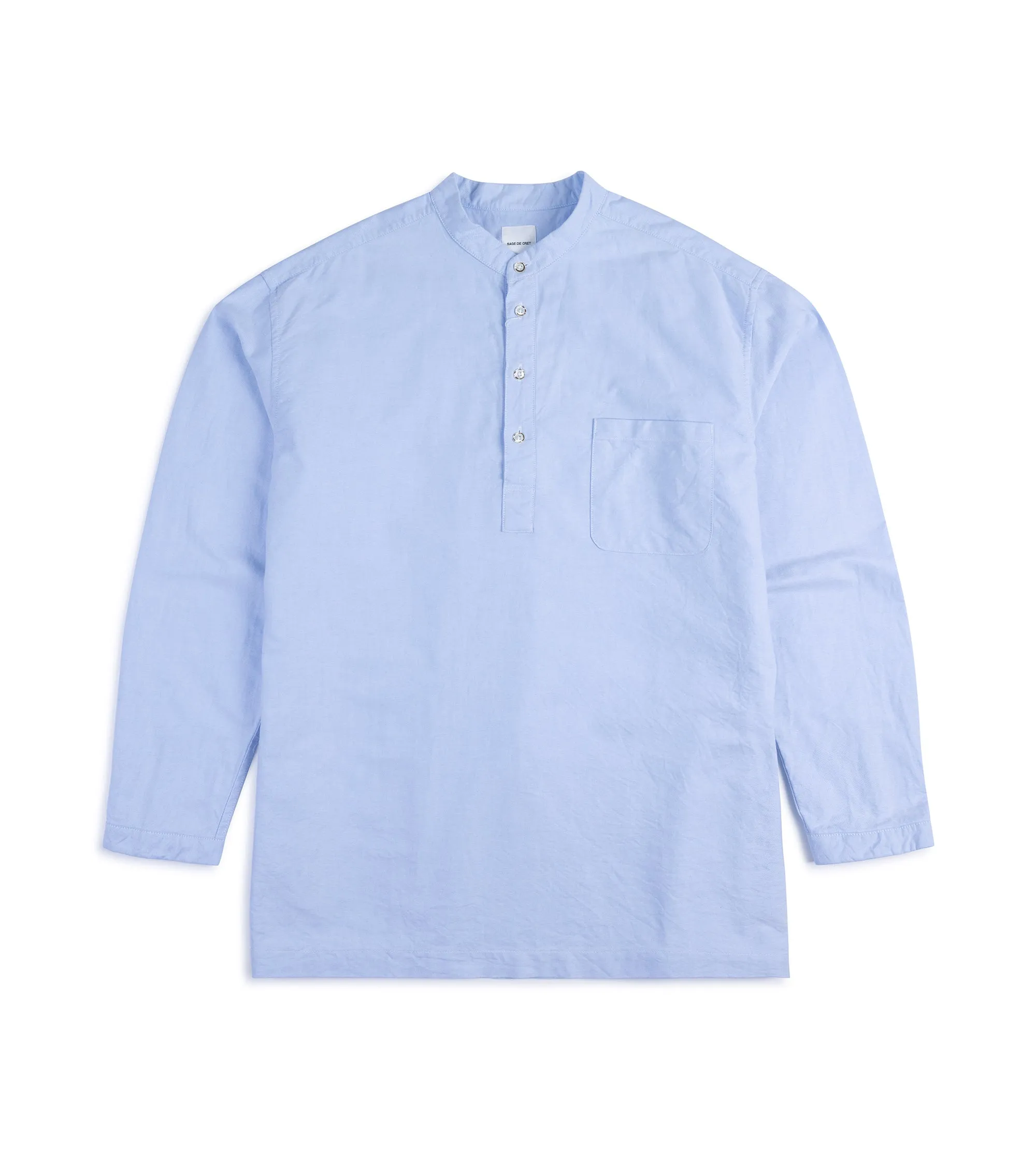 Sage de Cret Cotton Oxford Stand Collar Popover Shirt: Blue Customizable Option fade resistant color