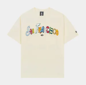 San Francisco 49ers Life Graphic Mens Short Sleeve Shirt (Beige/Multi) Raw Hem Finish