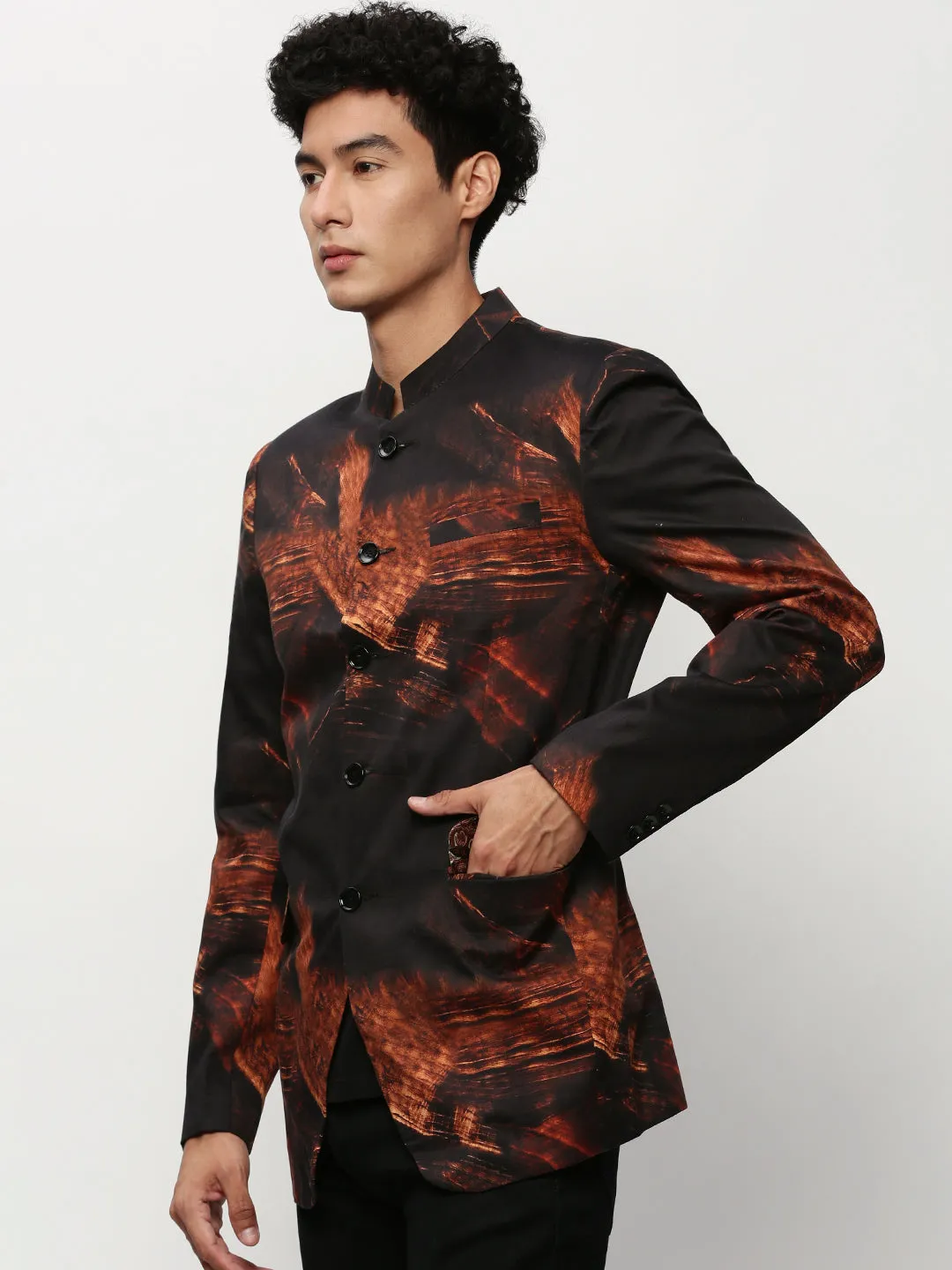 Reversible Dual Layer Men's Black Slim-Fit Printed Mandarin Collar Bandhgala Cotton Casual Blazer