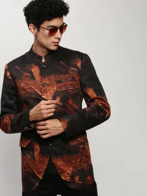 Waterproof Coating Men's Black Slim-Fit Printed Mandarin Collar Bandhgala Cotton Casual Blazer