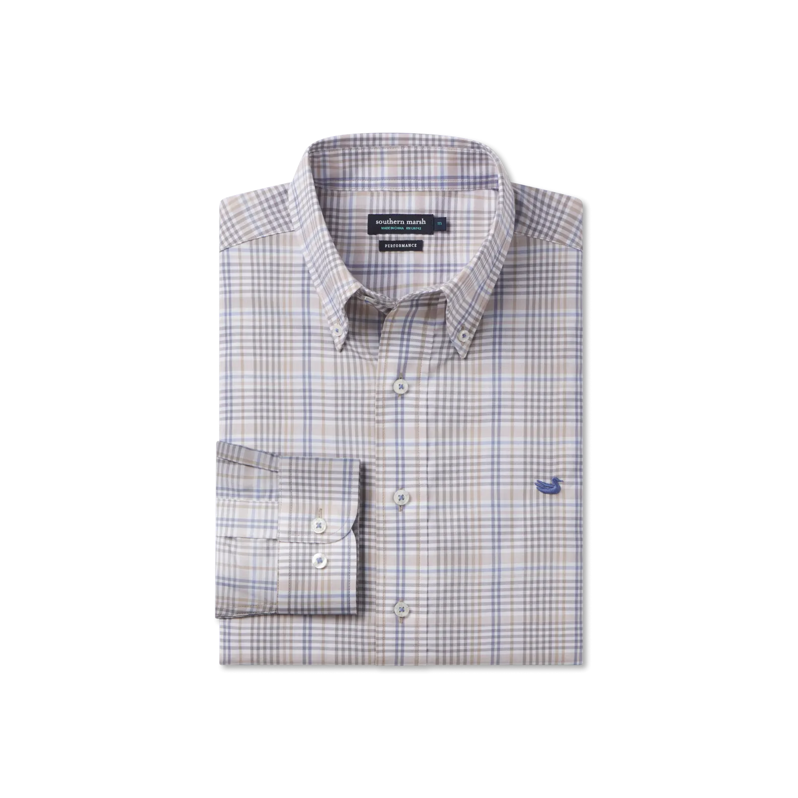Hidden Button Placket Shores Windowpane Performance Dress Shirt