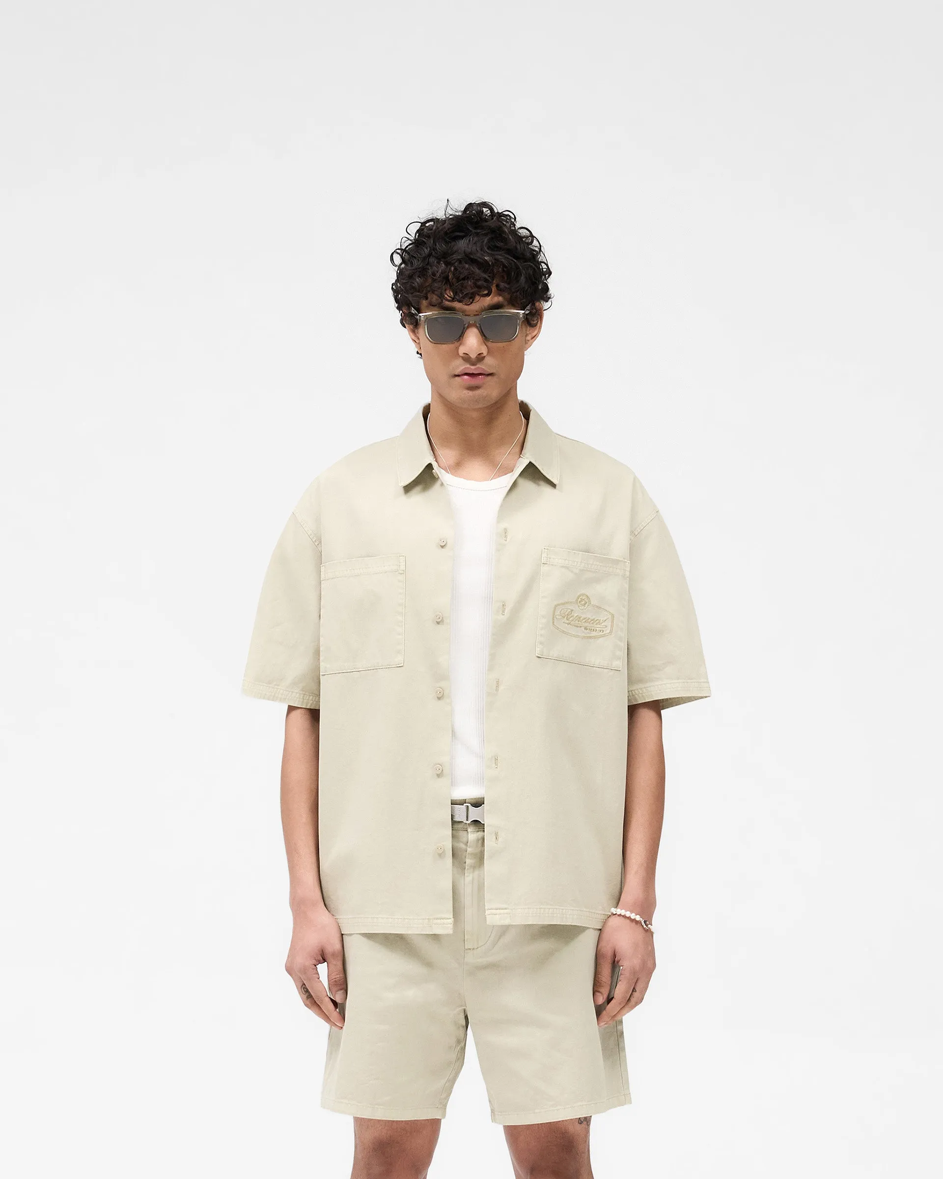 Short Sleeve Cotton Overshirt - Beige Trendy Daywear birthday celebration