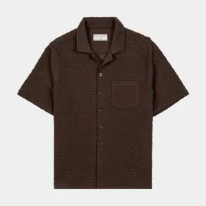 Checkered Knit Mens Short Sleeve Shirt (Brown) Subtle Details Easygoing Design