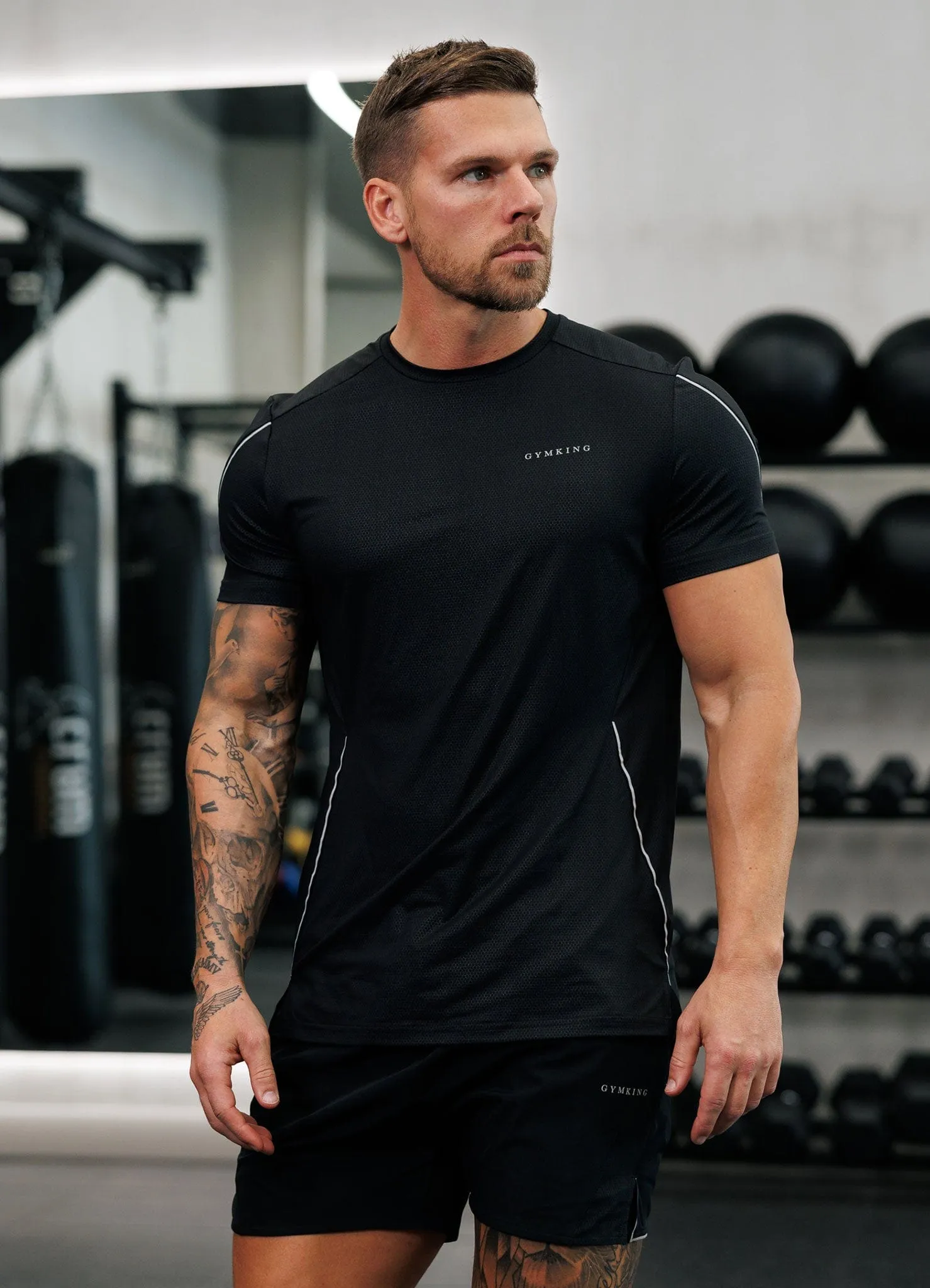 Quick Dry Technology Gym King Hex All Over Print Tee - Black/Fossil Grey