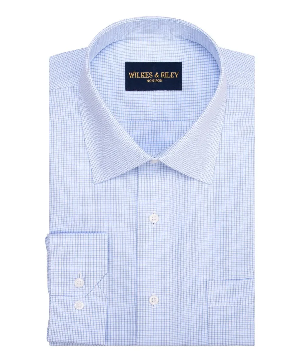 Petite Cut Sky Mini-check Spread Collar  Non-Iron Broadcloth Dress Shirt