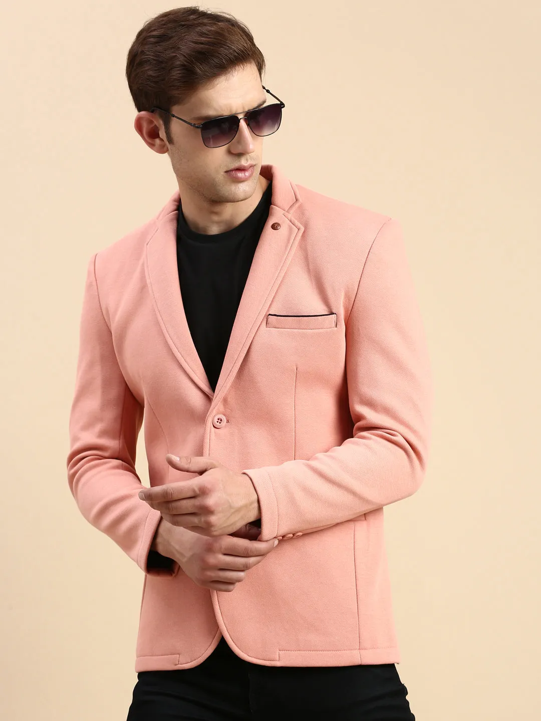 Men's Peach Slim-Fit Single Breasted Blazer Adjustable Hood System Noise Reduciting Fabric