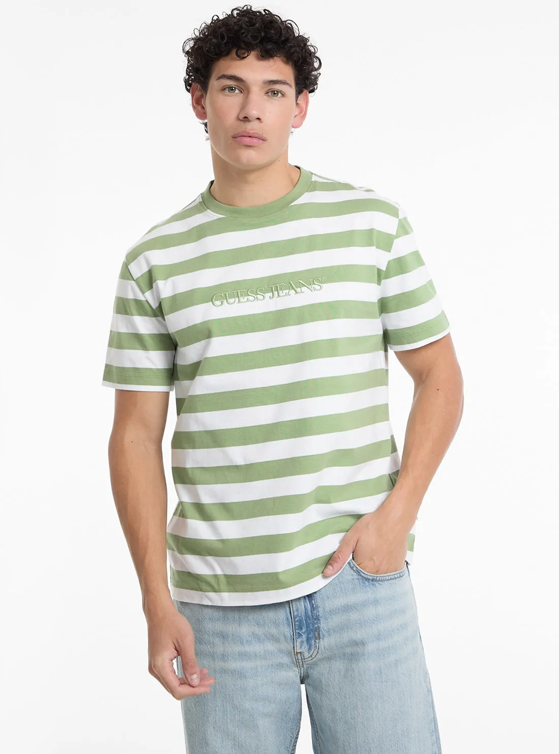 All-Season Comfort Breathable Material Guess Jeans Green Striped T-Shirt