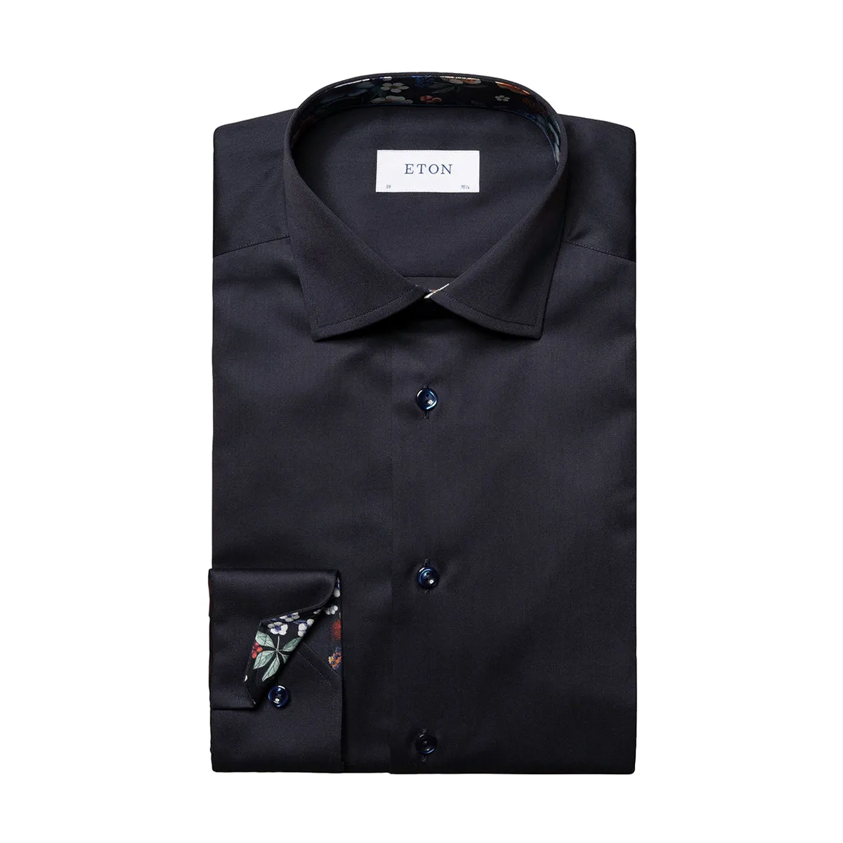 Chilly Weather Wear Eton - Slim Fit Floral Trim Shirt in Dark Navy