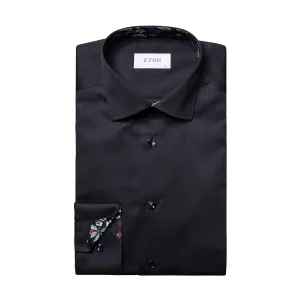 Chilly Weather Wear Eton - Slim Fit Floral Trim Shirt in Dark Navy