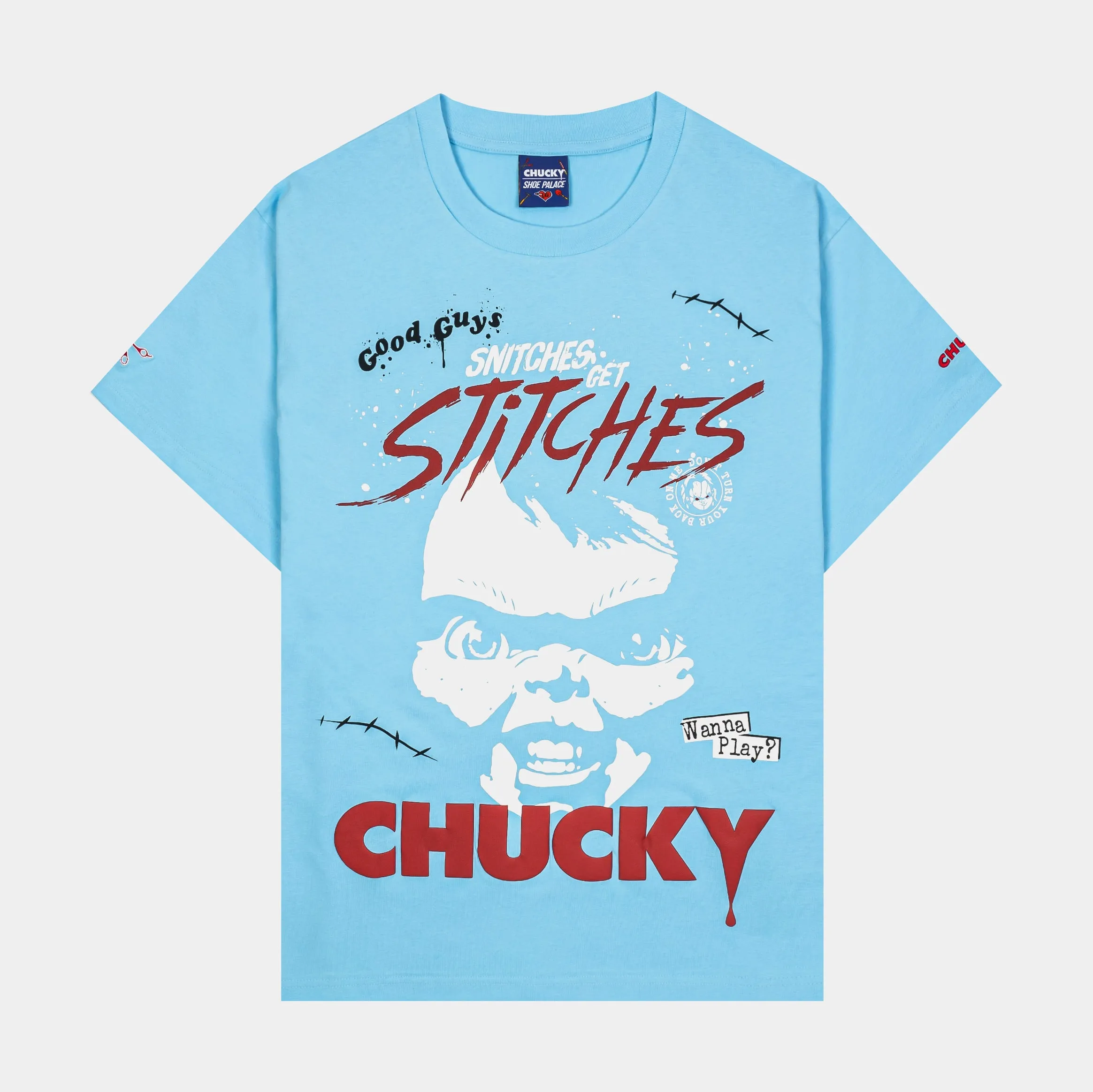 Casual Elegance Casual and cool SP x Chucky Snitches Get Stitches Mens Short Sleeve Shirt (Blue/Red)